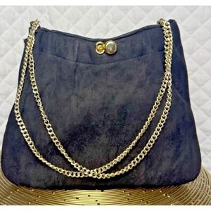 Rare Vtg Ande 1960's Black Suede Evening Bag Gold Double Chain Prom Edgy Glam